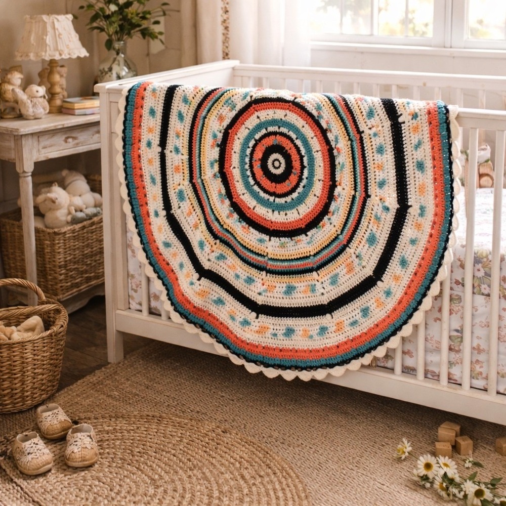 Handmade Crochet Round Area Rug Boho Mandala Circles Acrylic 52"